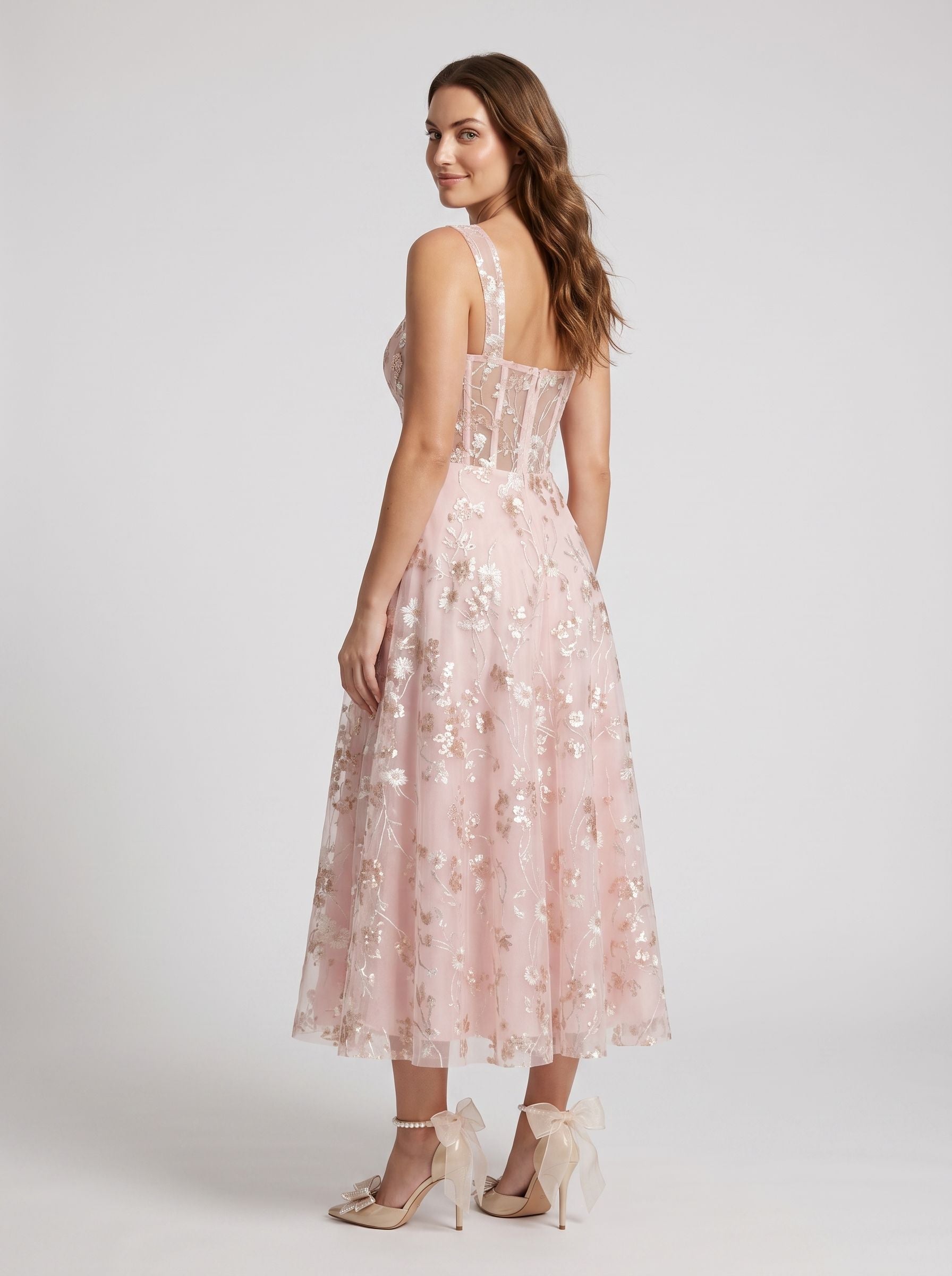 Petal Tulle A-Line Square Neck Back Zip Tea-Length Dress with Floral Embroidery