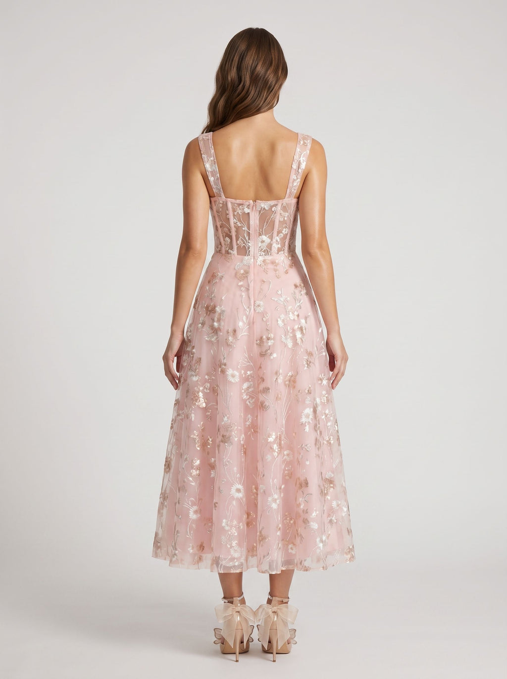 Petal Tulle A-Line Square Neck Back Zip Tea-Length Dress with Floral Embroidery