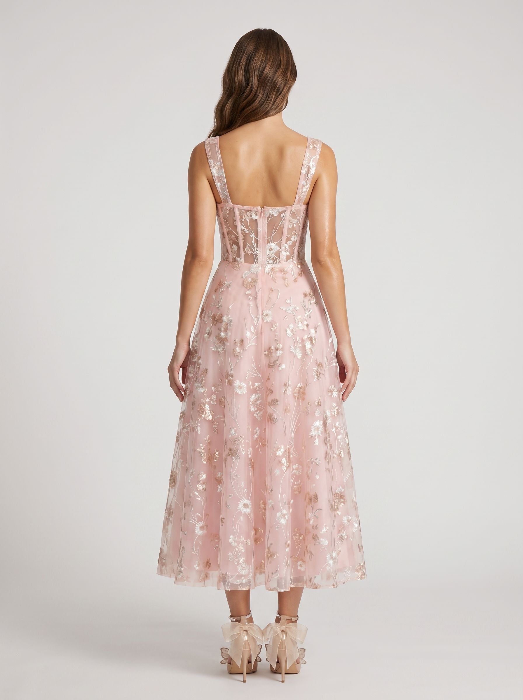 Petal Tulle A-Line Square Neck Back Zip Tea-Length Dress with Floral Embroidery