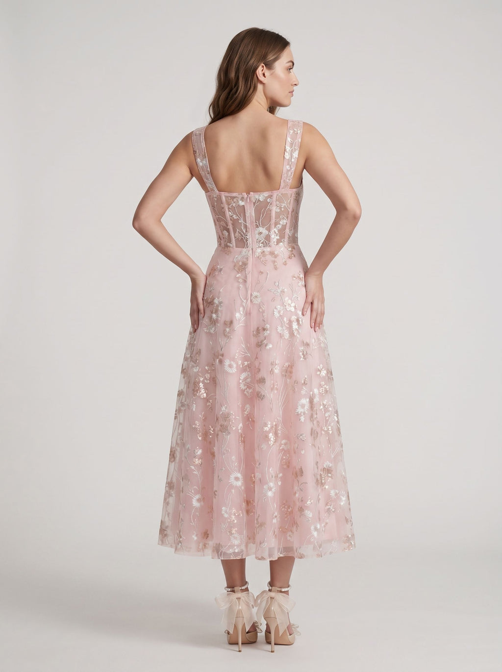 Petal Tulle A-Line Square Neck Back Zip Tea-Length Dress with Floral Embroidery