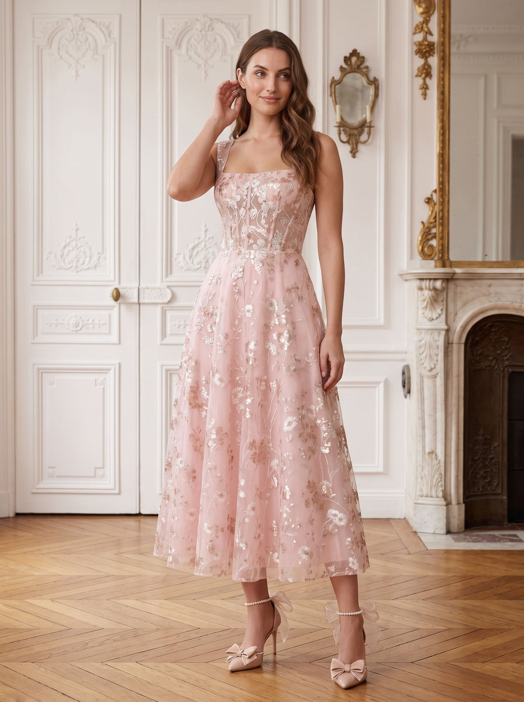 Petal Tulle A-Line Square Neck Back Zip Tea-Length Dress with Floral Embroidery