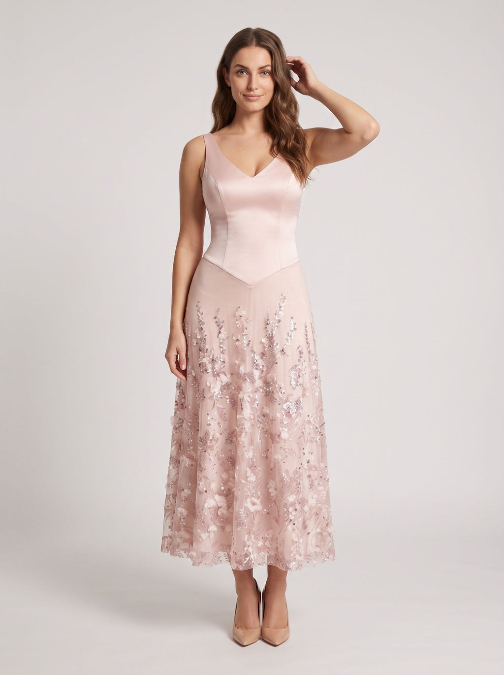 Petal Satin A-Line V-Neck Back Zip Midi Dress with 3D Flowers