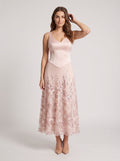 Petal Satin A-Line V-Neck Back Zip Midi Dress with 3D Flowers