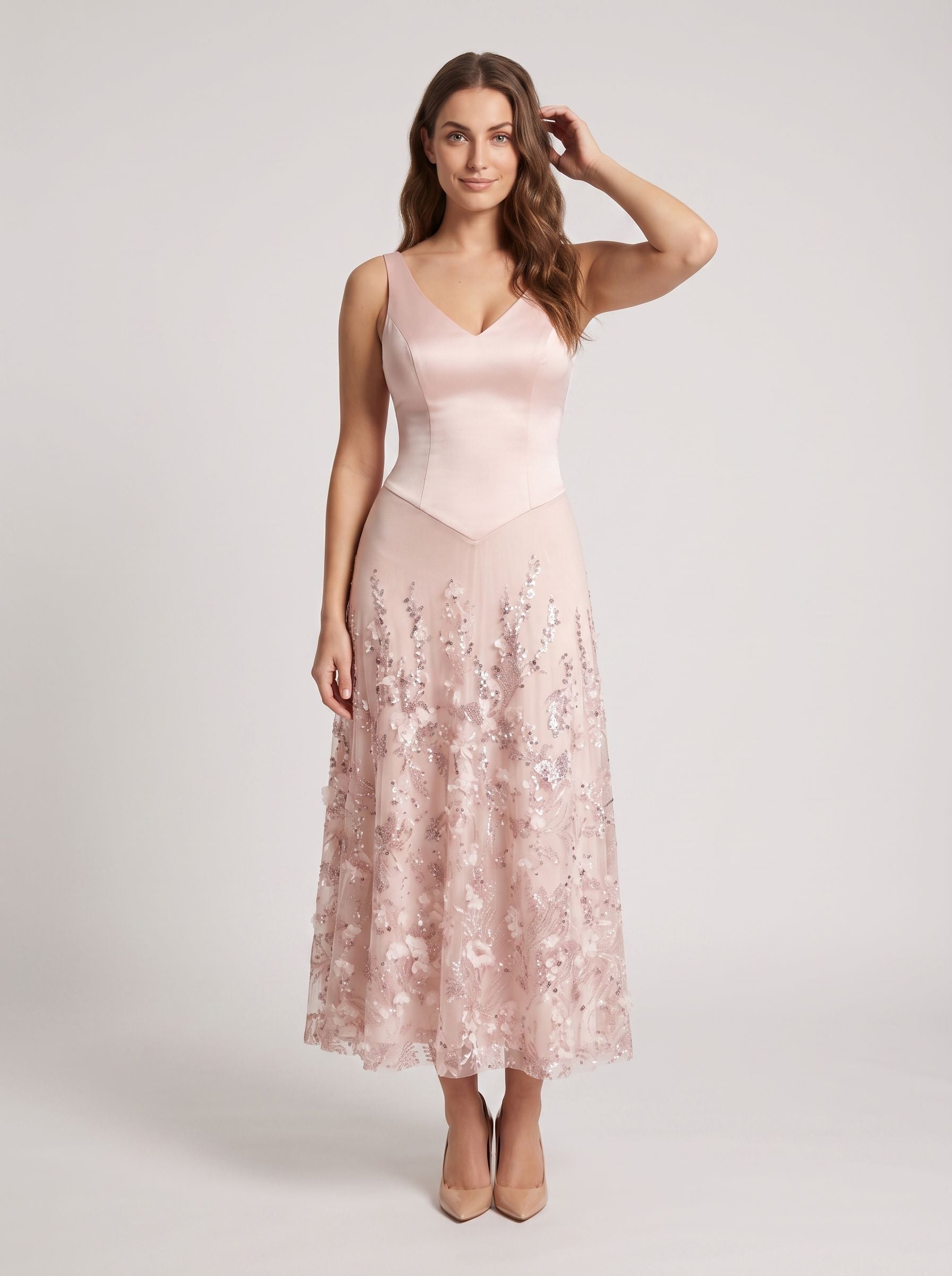 Petal Satin A-Line V-Neck Back Zip Midi Dress with 3D Flowers