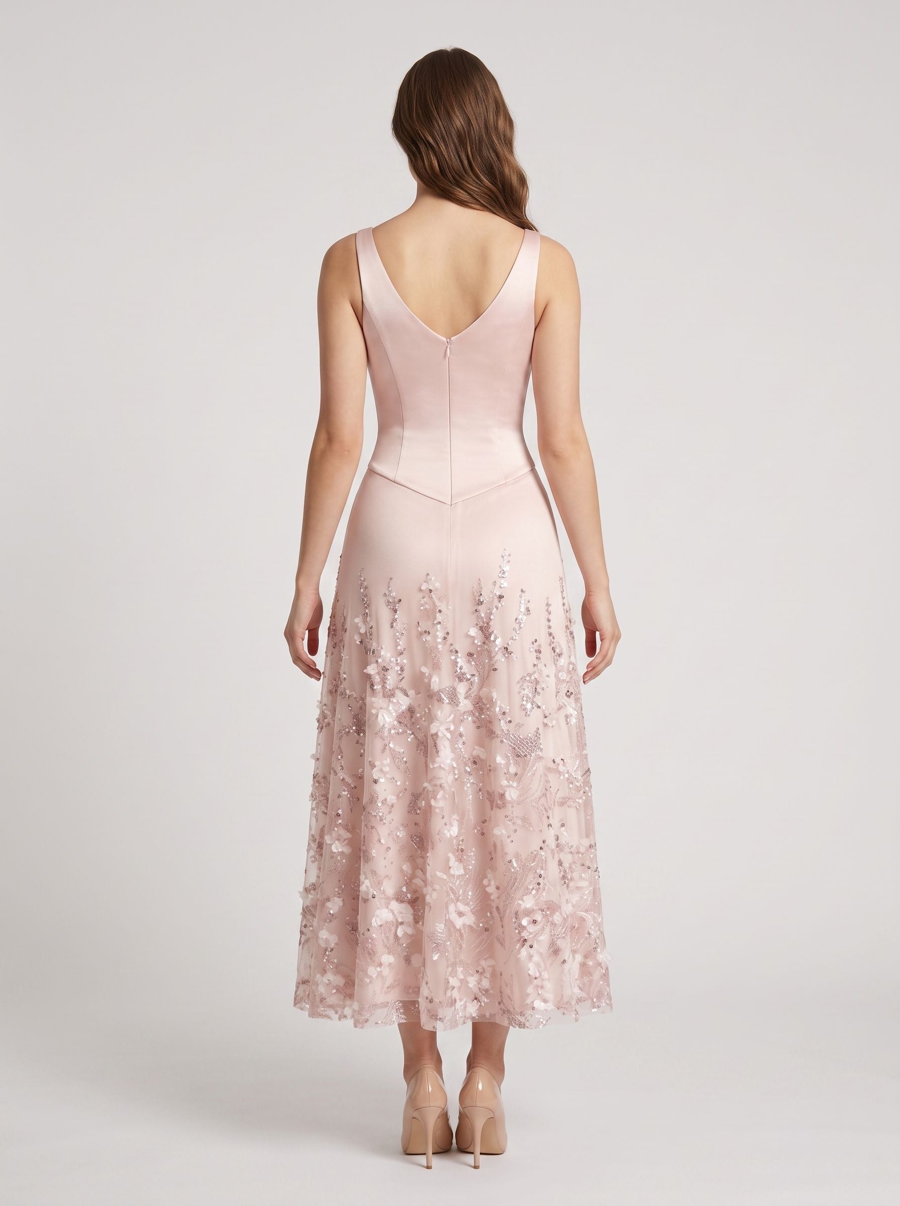 Petal Satin A-Line V-Neck Back Zip Midi Dress with 3D Flowers