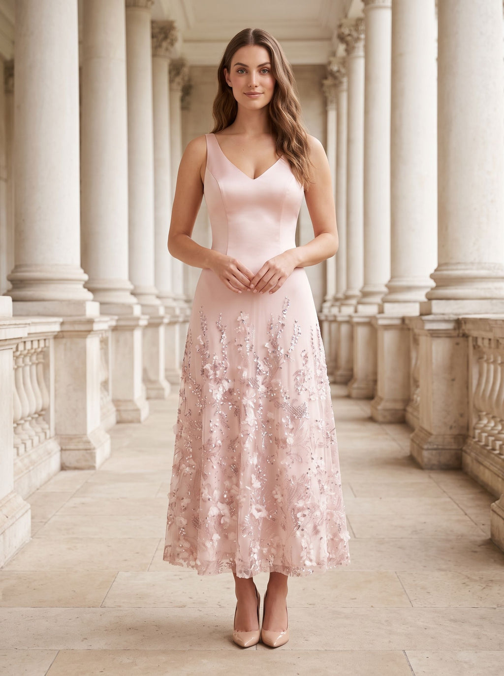 Petal Satin A-Line V-Neck Back Zip Midi Dress with 3D Flowers