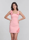 Petal  Stretch Knit Sheath/column Square Neck Back Zip Short Dress with 3D Flowers