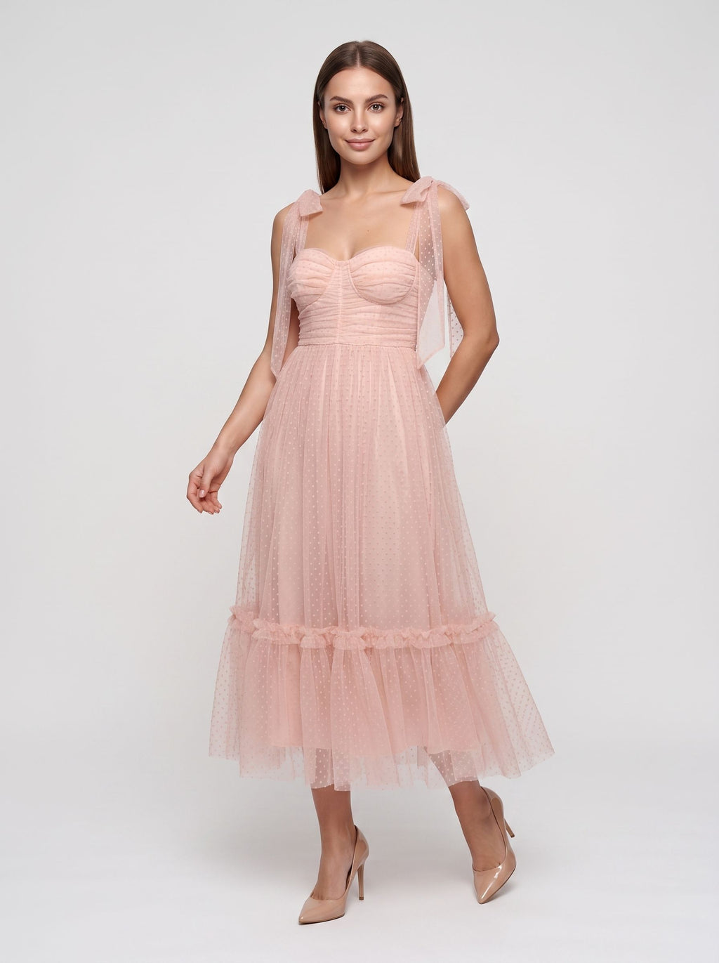 Blushing Pink Tulle A-Line Sweetheart Back Zip Ankle-Length Dress with Tie-Shoulders