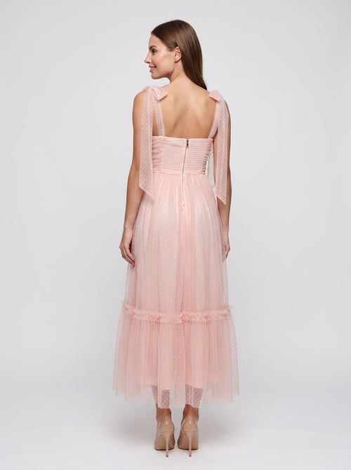 Blushing Pink Tulle A-Line Sweetheart Back Zip Ankle-Length Dress with Tie-Shoulders
