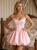 Petal Satin A-Line V-Neck Corset Back Short Dress with Pearl Draping