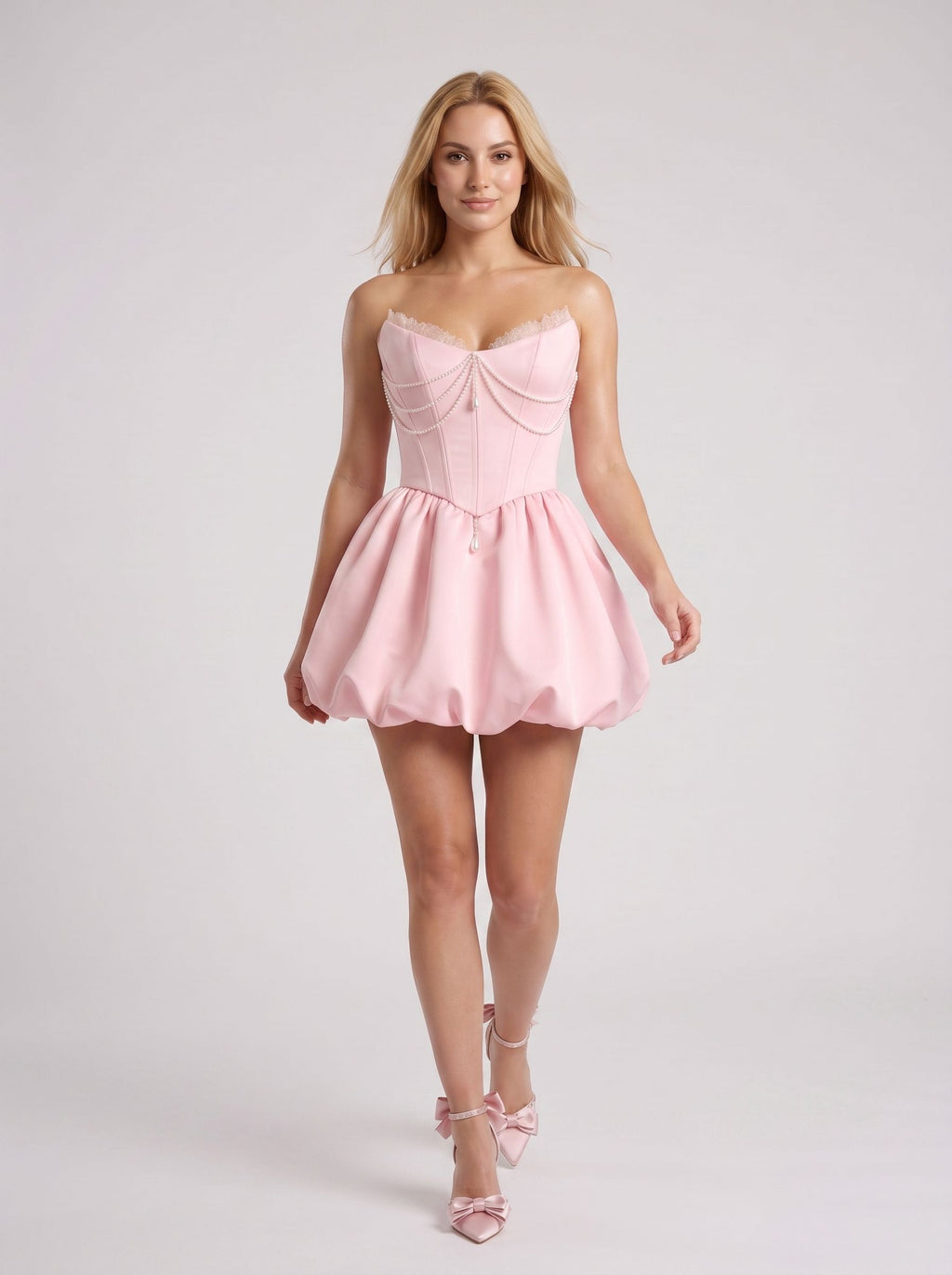 Petal Satin A-Line V-Neck Corset Back Short Dress with Pearl Draping