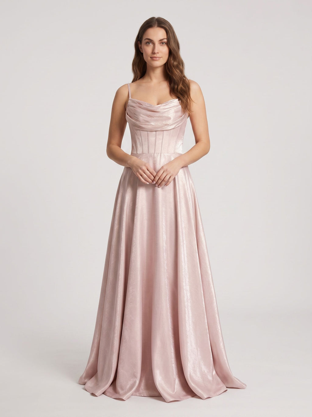 Blushing Pink Satin A-Line Cowl Neck Back Zip Floor-Length Dress with Pleated Bodice
