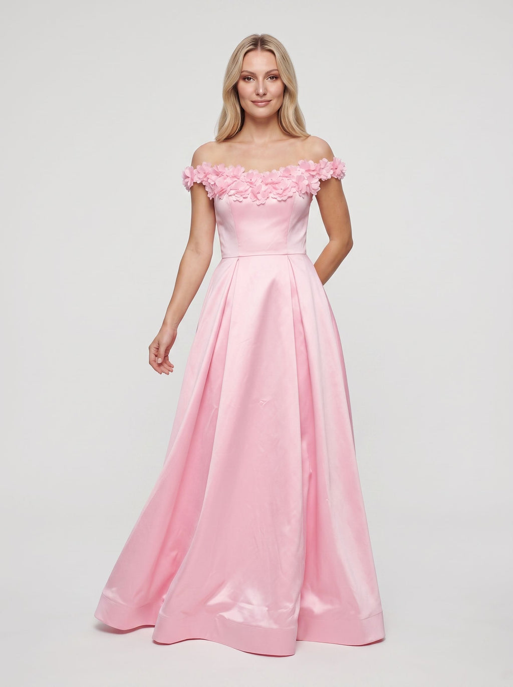 Petal Satin A-Line Off-the-Shoulder Back Zip Floor-Length Dress with 3D Floral Appliques