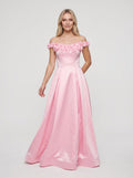 Petal Satin A-Line Off-the-Shoulder Back Zip Floor-Length Dress with 3D Floral Appliques
