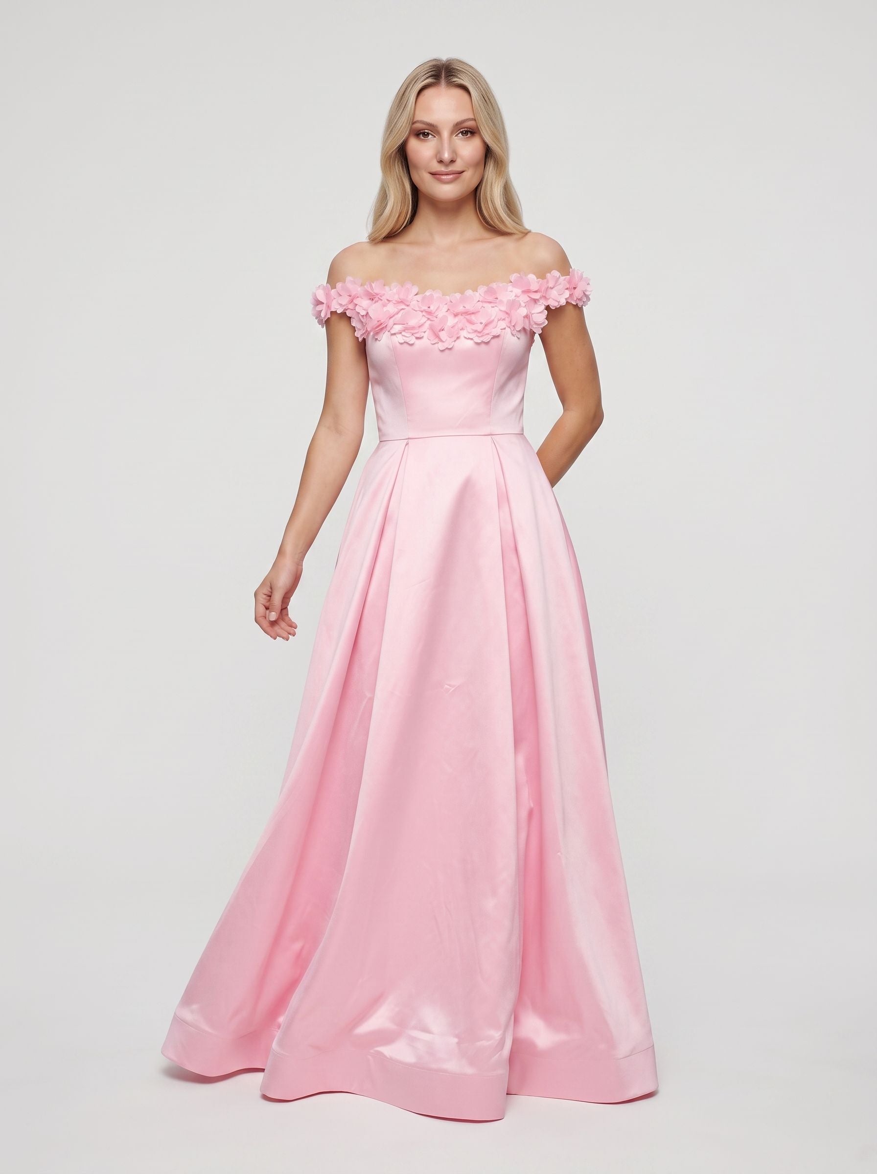 Petal Satin A-Line Off-the-Shoulder Back Zip Floor-Length Dress with 3D Floral Appliques