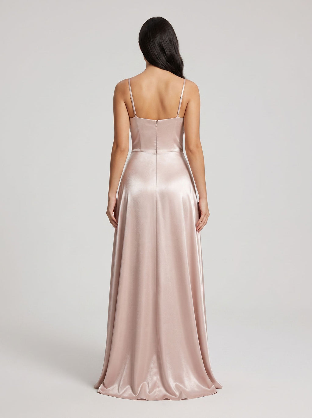 Blushing Pink Satin A-Line Cowl Neck Back Zip Floor-Length Dress with Pleated Bodice