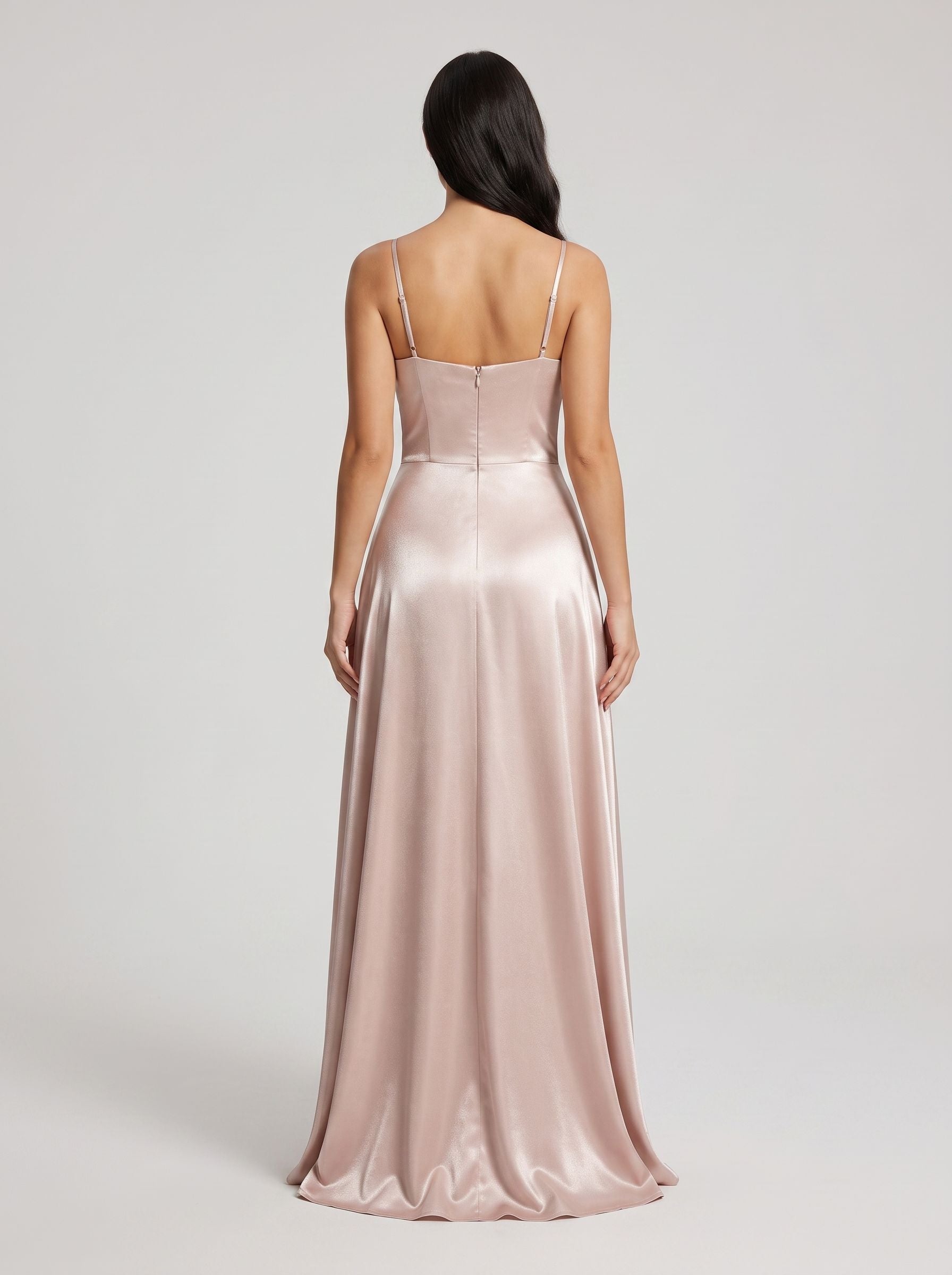 Blushing Pink Satin A-Line Cowl Neck Back Zip Floor-Length Dress with Pleated Bodice