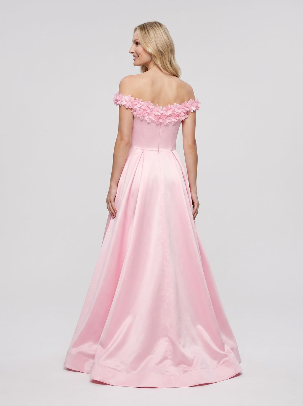 Petal Satin A-Line Off-the-Shoulder Back Zip Floor-Length Dress with 3D Floral Appliques