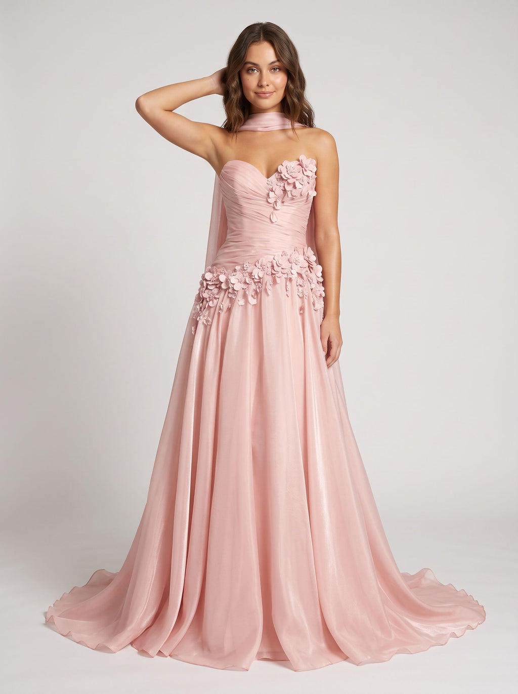 Petal Satin A-Line Sweetheart Back Zip Floor-Length Dress with 3D Florals