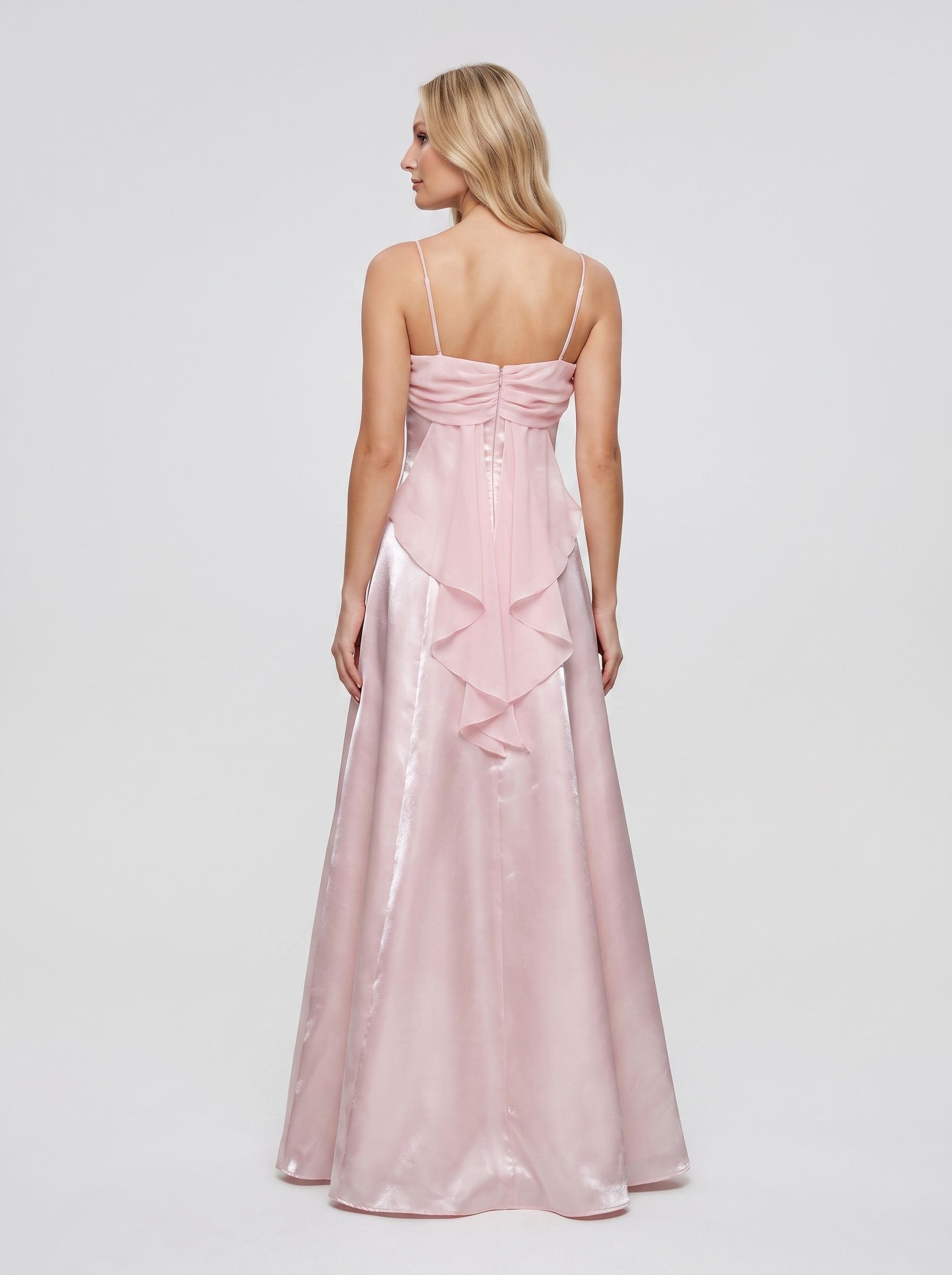 Petal Satin A-Line Straight Neck Backless Floor-Length Dress with Pleated Bodice
