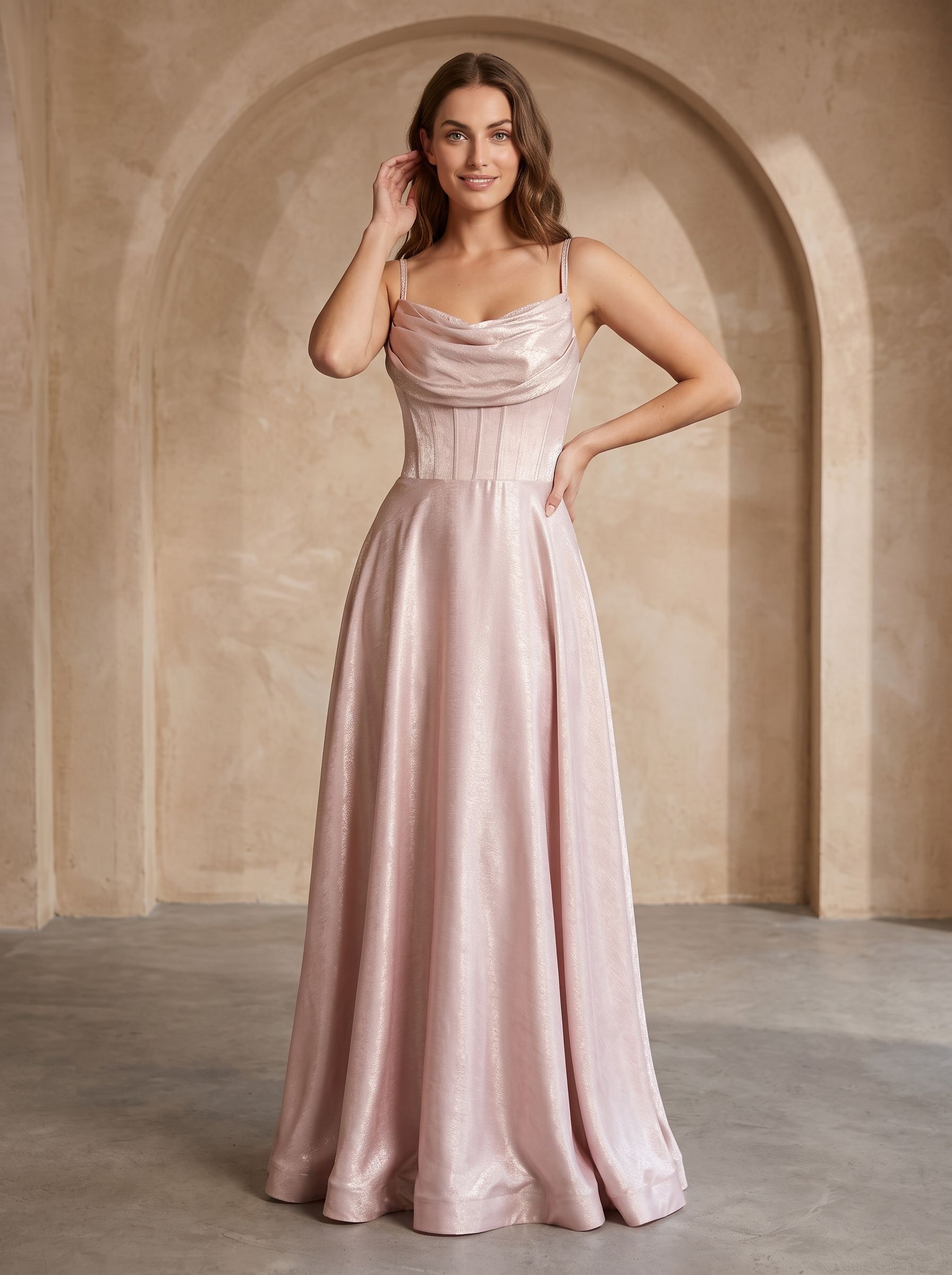 Blushing Pink Satin A-Line Cowl Neck Back Zip Floor-Length Dress with Pleated Bodice