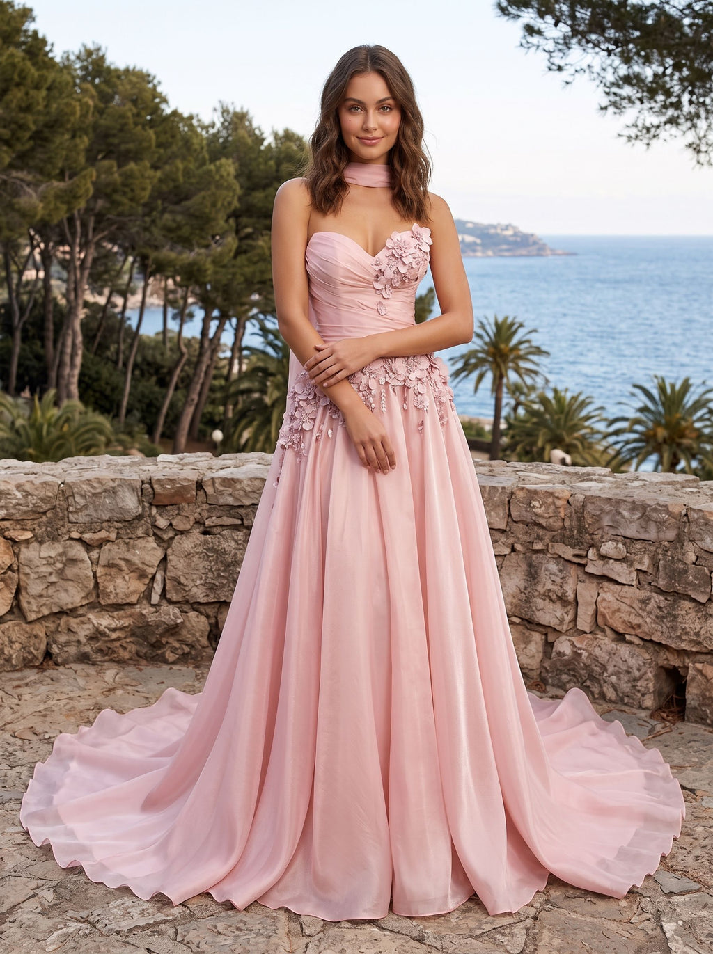 Petal Satin A-Line Sweetheart Back Zip Floor-Length Dress with 3D Florals