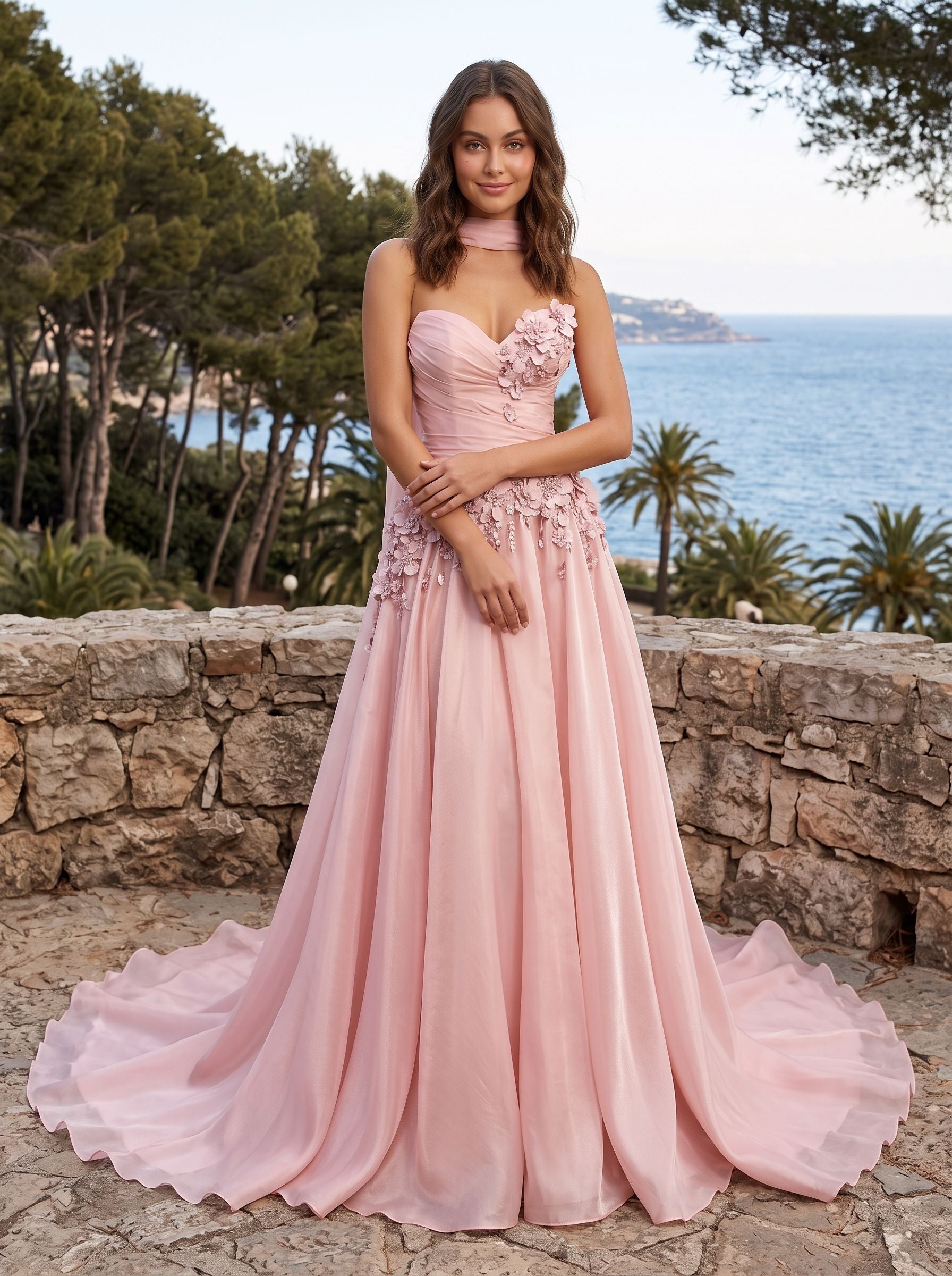 Petal Satin A-Line Sweetheart Back Zip Floor-Length Dress with 3D Florals