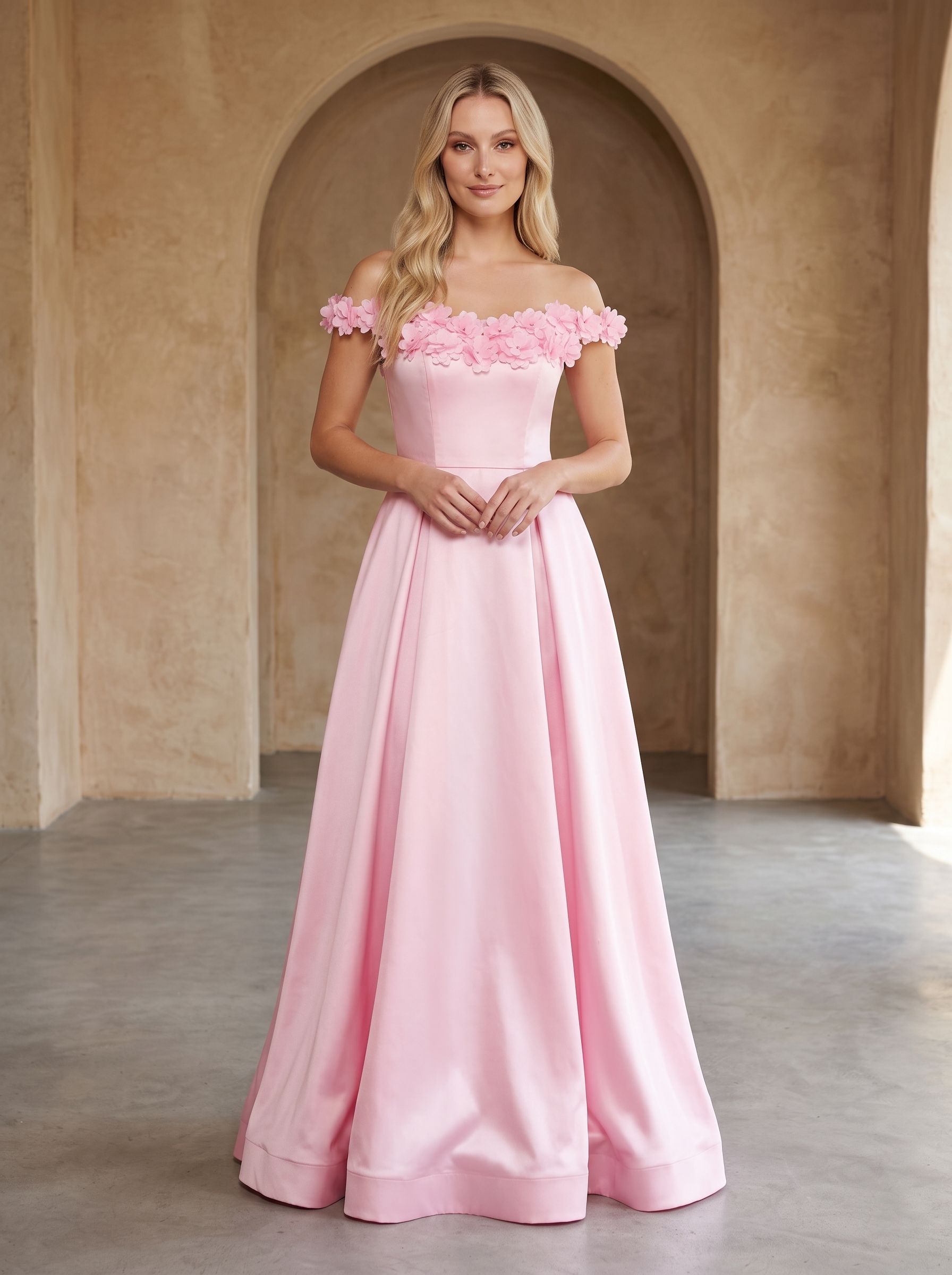 Petal Satin A-Line Off-the-Shoulder Back Zip Floor-Length Dress with 3D Floral Appliques