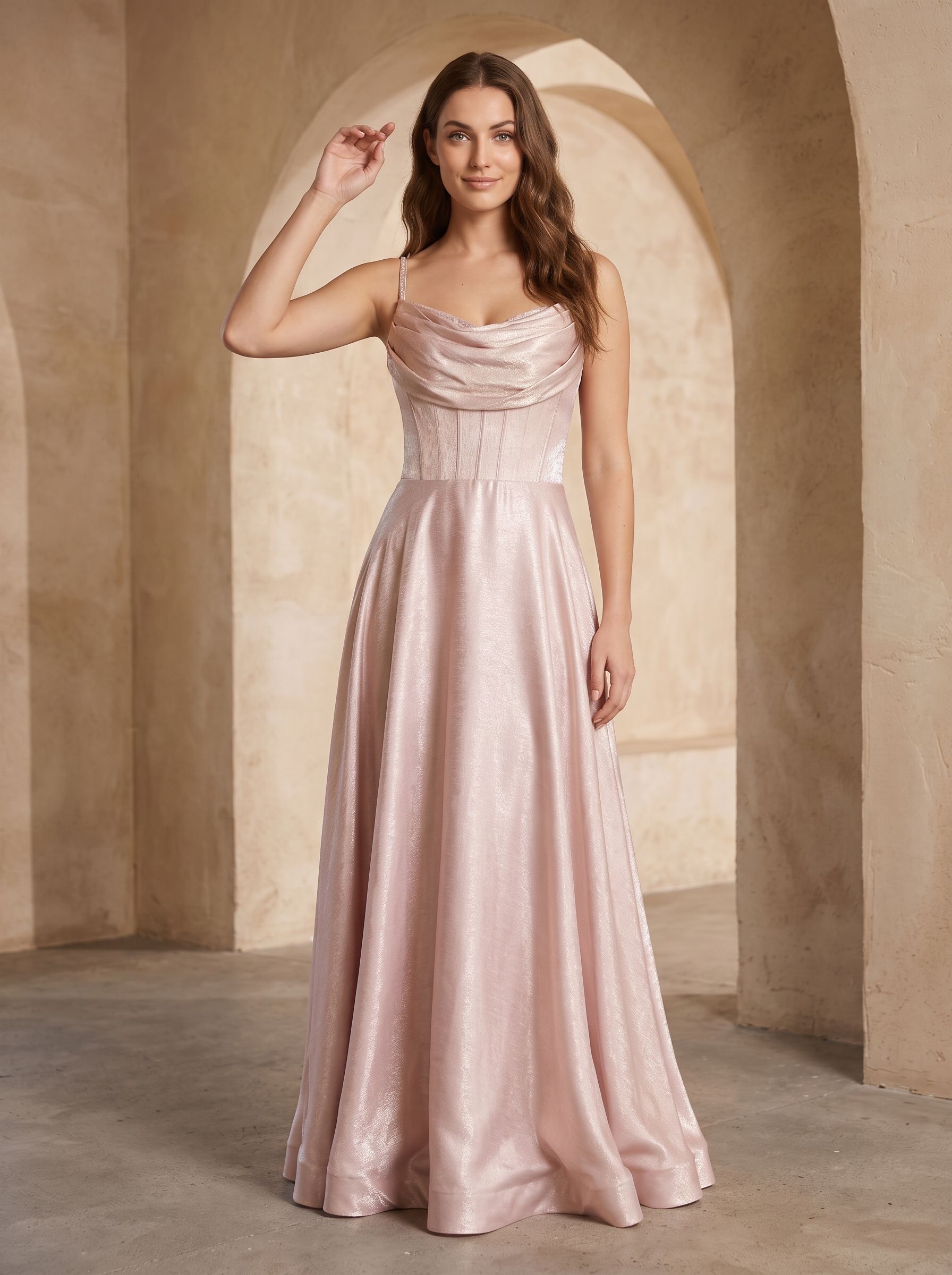 Blushing Pink Satin A-Line Cowl Neck Back Zip Floor-Length Dress with Pleated Bodice