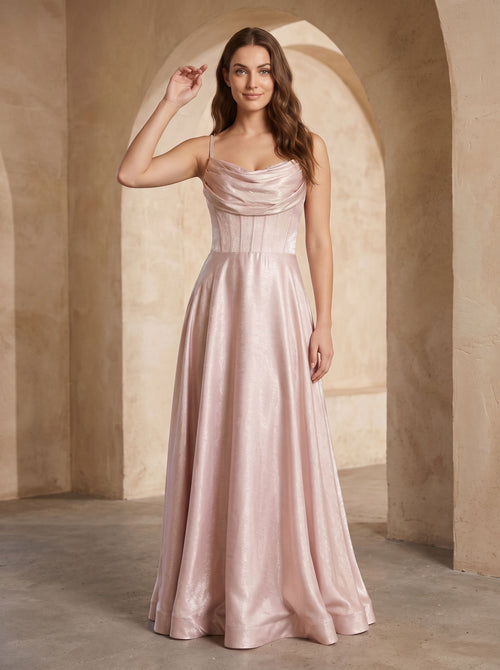 Blushing Pink Satin A-Line Cowl Neck Back Zip Floor-Length Dress with Pleated Bodice