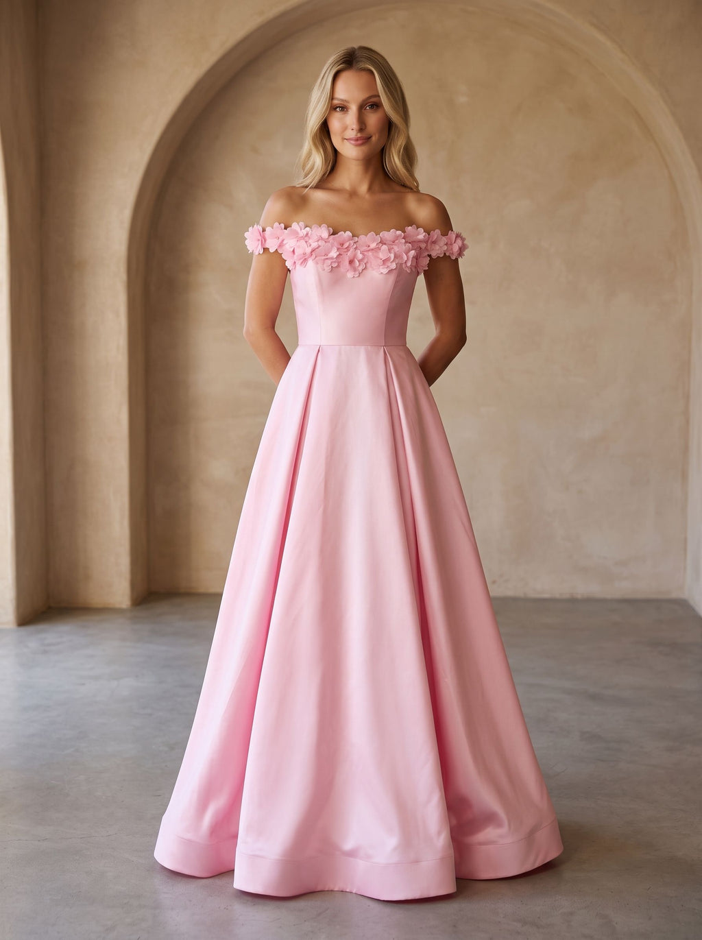 Petal Satin A-Line Off-the-Shoulder Back Zip Floor-Length Dress with 3D Floral Appliques