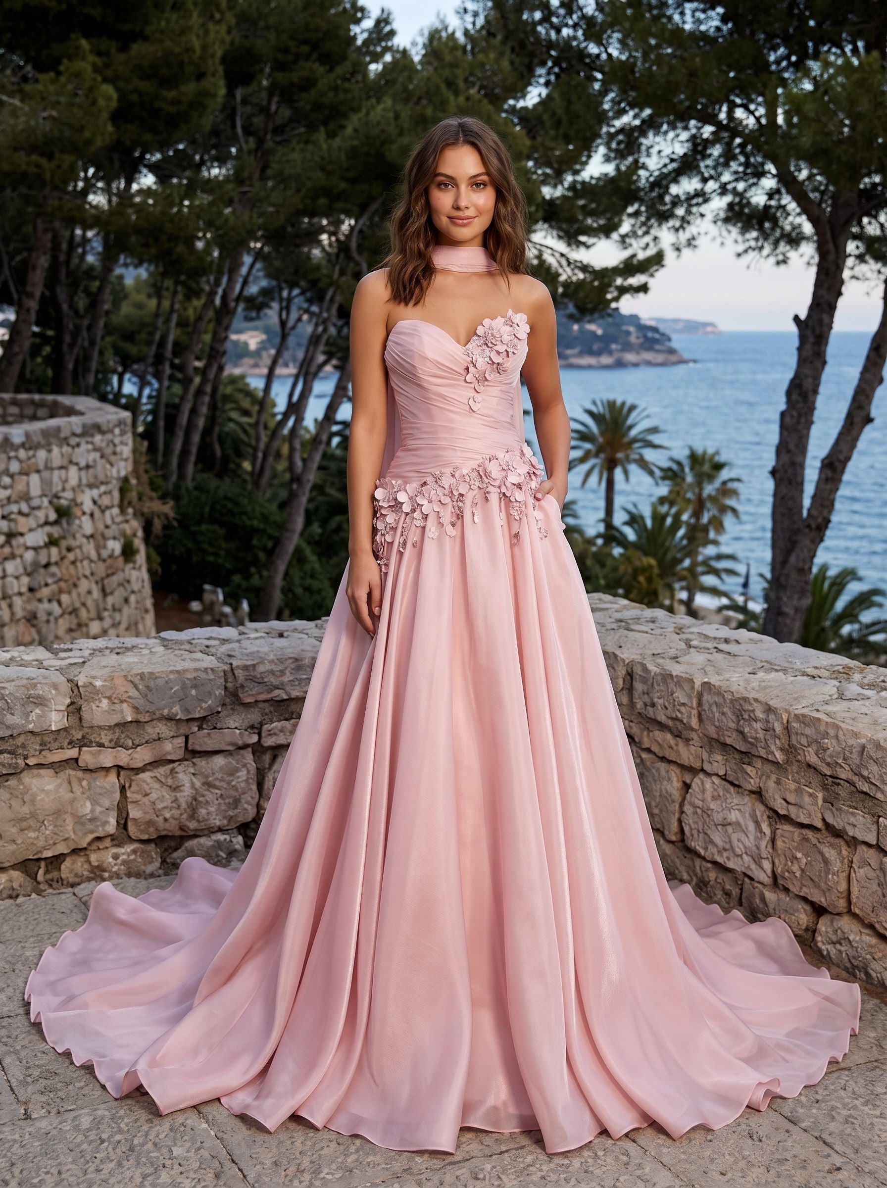 Petal Satin A-Line Sweetheart Back Zip Floor-Length Dress with 3D Florals