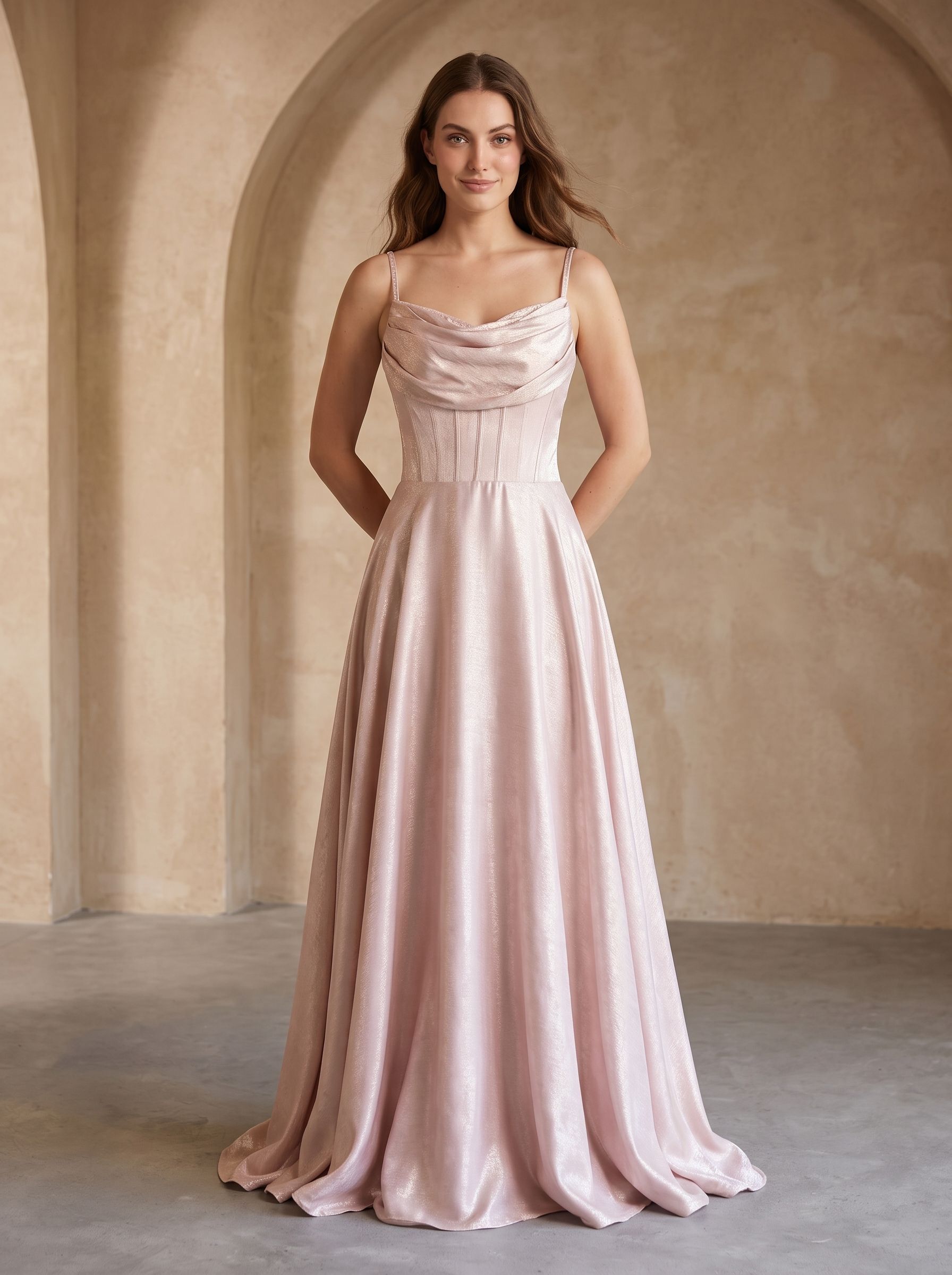 Blushing Pink Satin A-Line Cowl Neck Back Zip Floor-Length Dress with Pleated Bodice