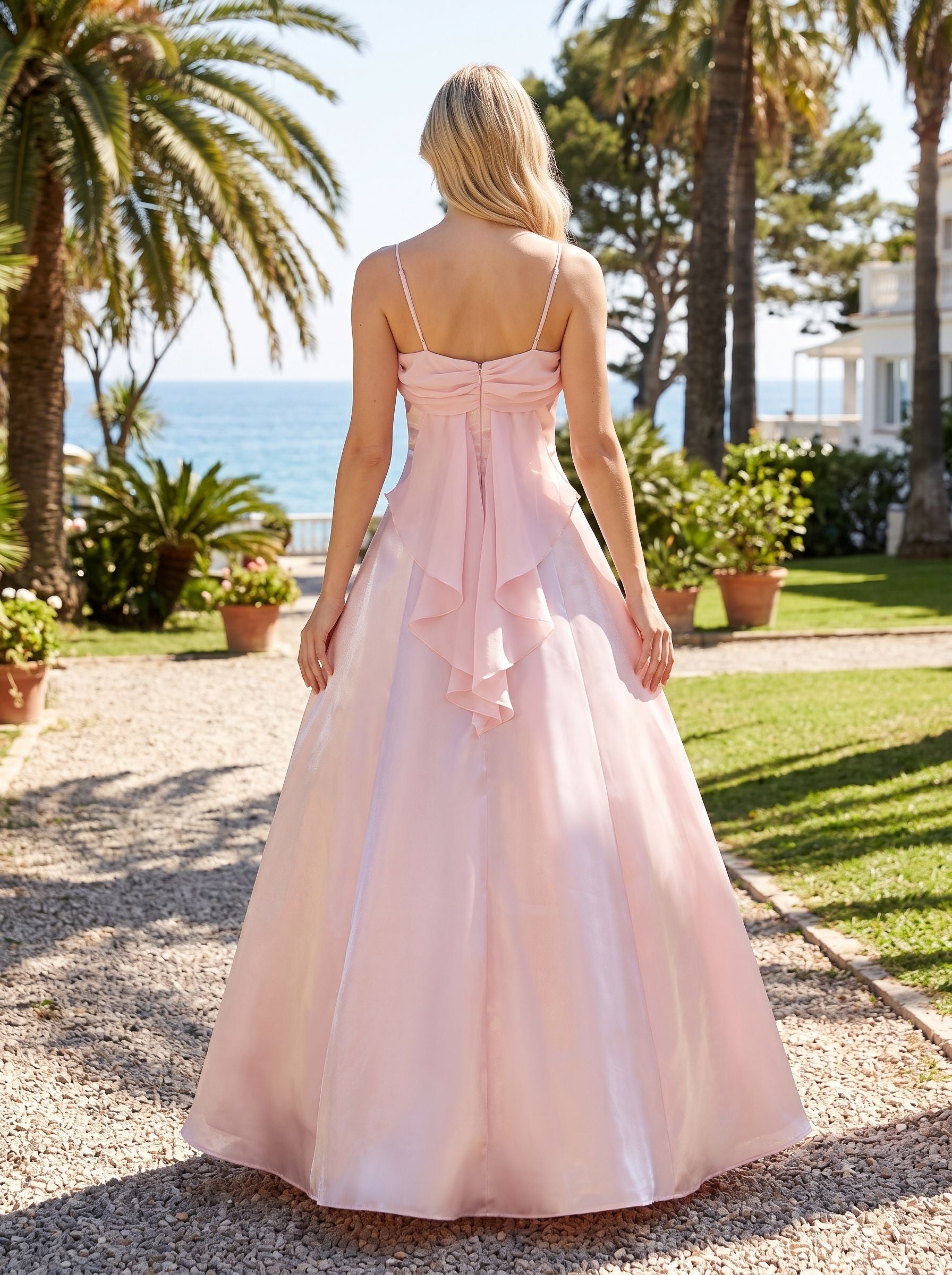 Petal Satin A-Line Straight Neck Backless Floor-Length Dress with Pleated Bodice