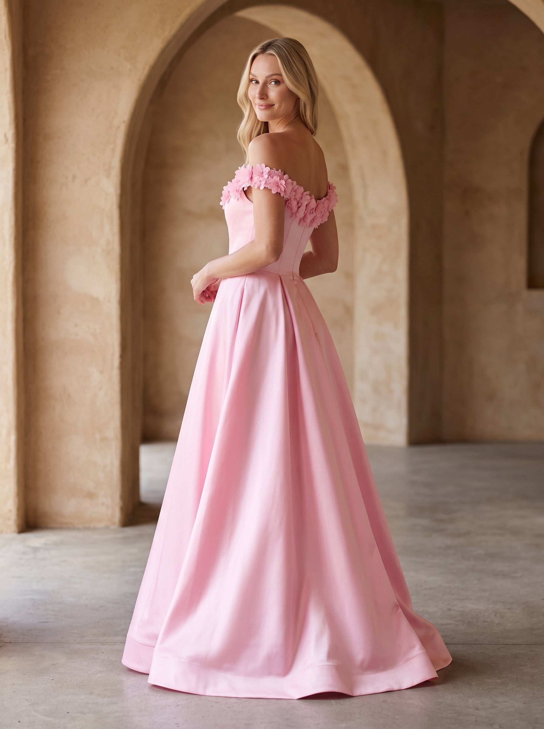 Petal Satin A-Line Off-the-Shoulder Back Zip Floor-Length Dress with 3D Floral Appliques