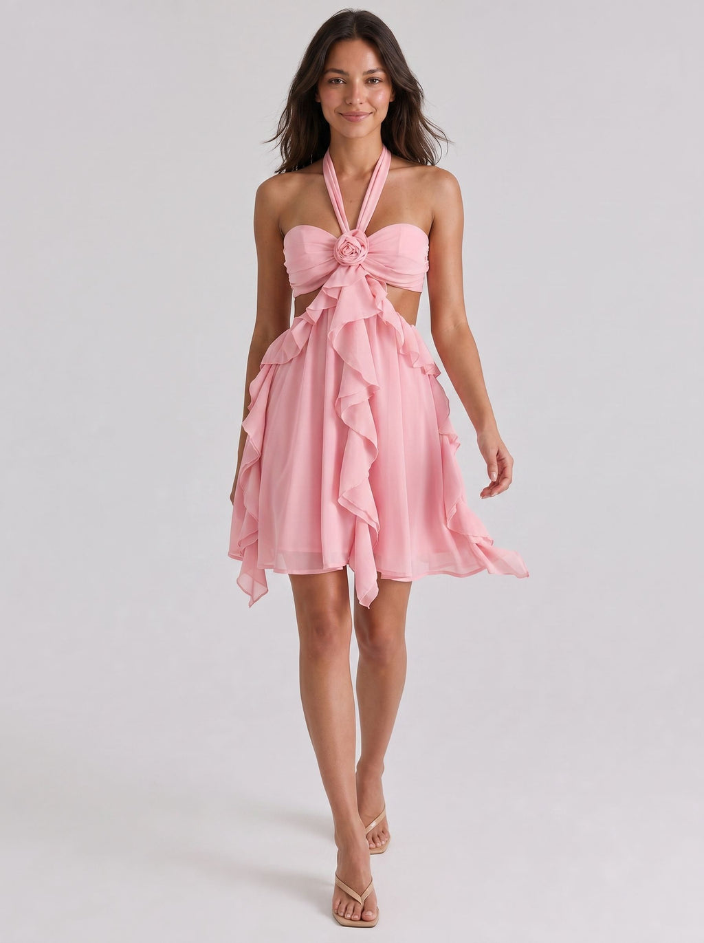 Petal Chiffon A-Line Halter Neckline Backless Short Dress with Ruffles