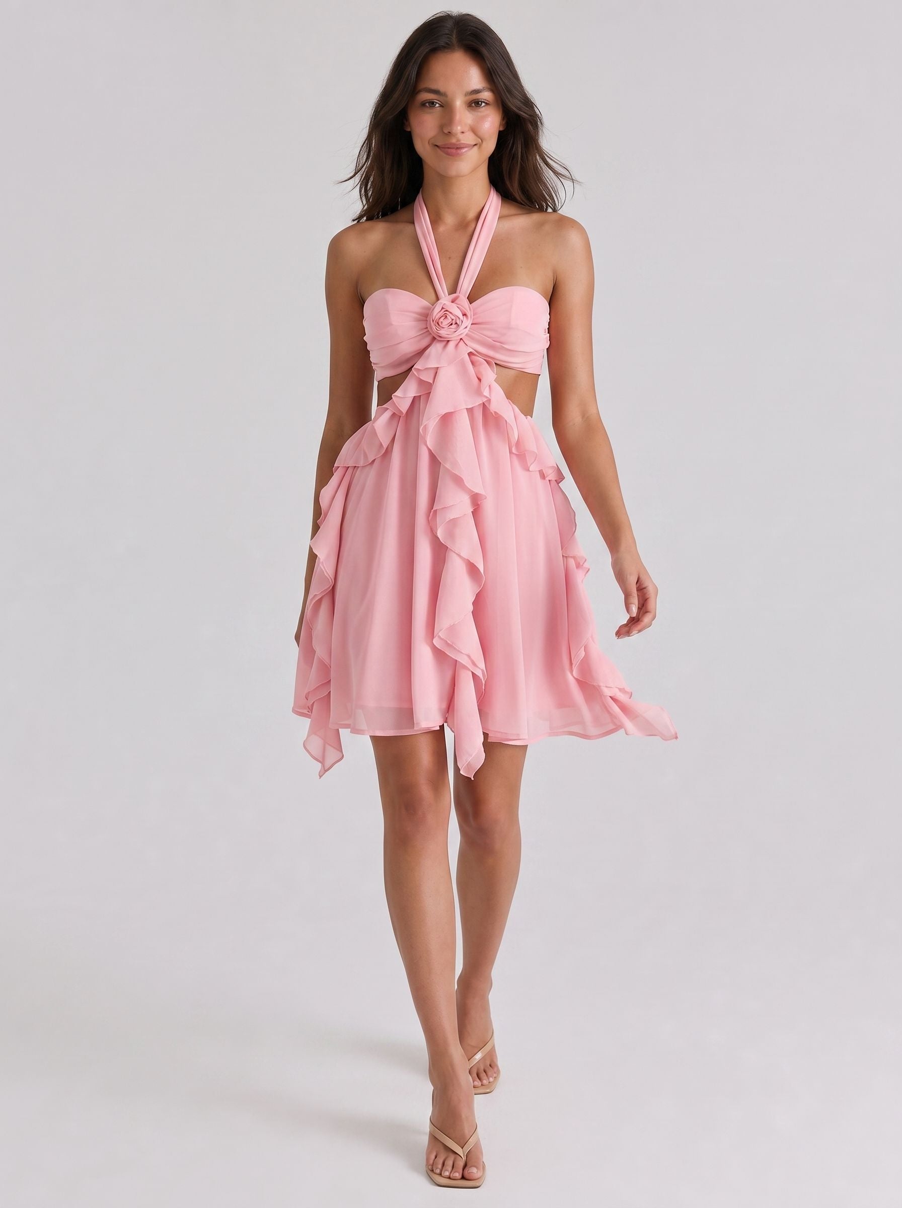 Petal Chiffon A-Line Halter Neckline Backless Short Dress with Ruffles