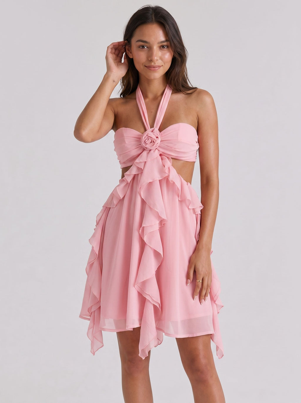 Petal Chiffon A-Line Halter Neckline Backless Short Dress with Ruffles