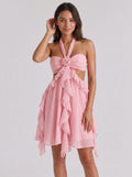 Petal Chiffon A-Line Halter Neckline Backless Short Dress with Ruffles