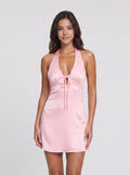 Petal Satin A-Line Halter neckline Back Zip Short Dress with Ruched Tie Front