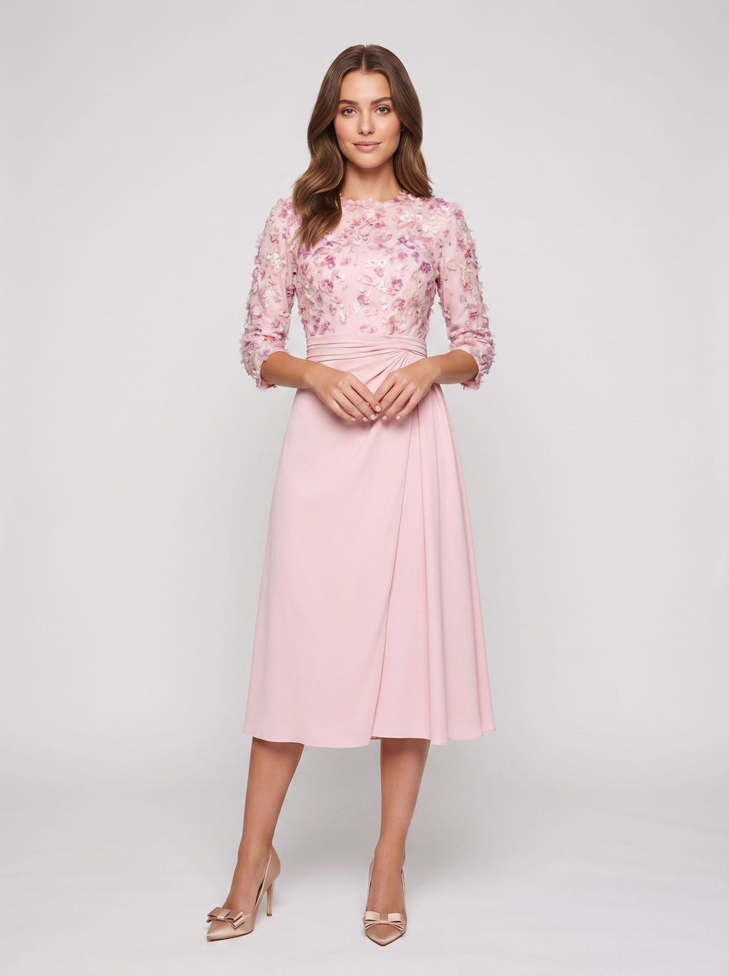 Petal Satin A-Line Scoop Neck Midi Dress with 3D Floral Appliques