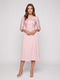 Petal Satin A-Line Scoop Neck Midi Dress with 3D Floral Appliques