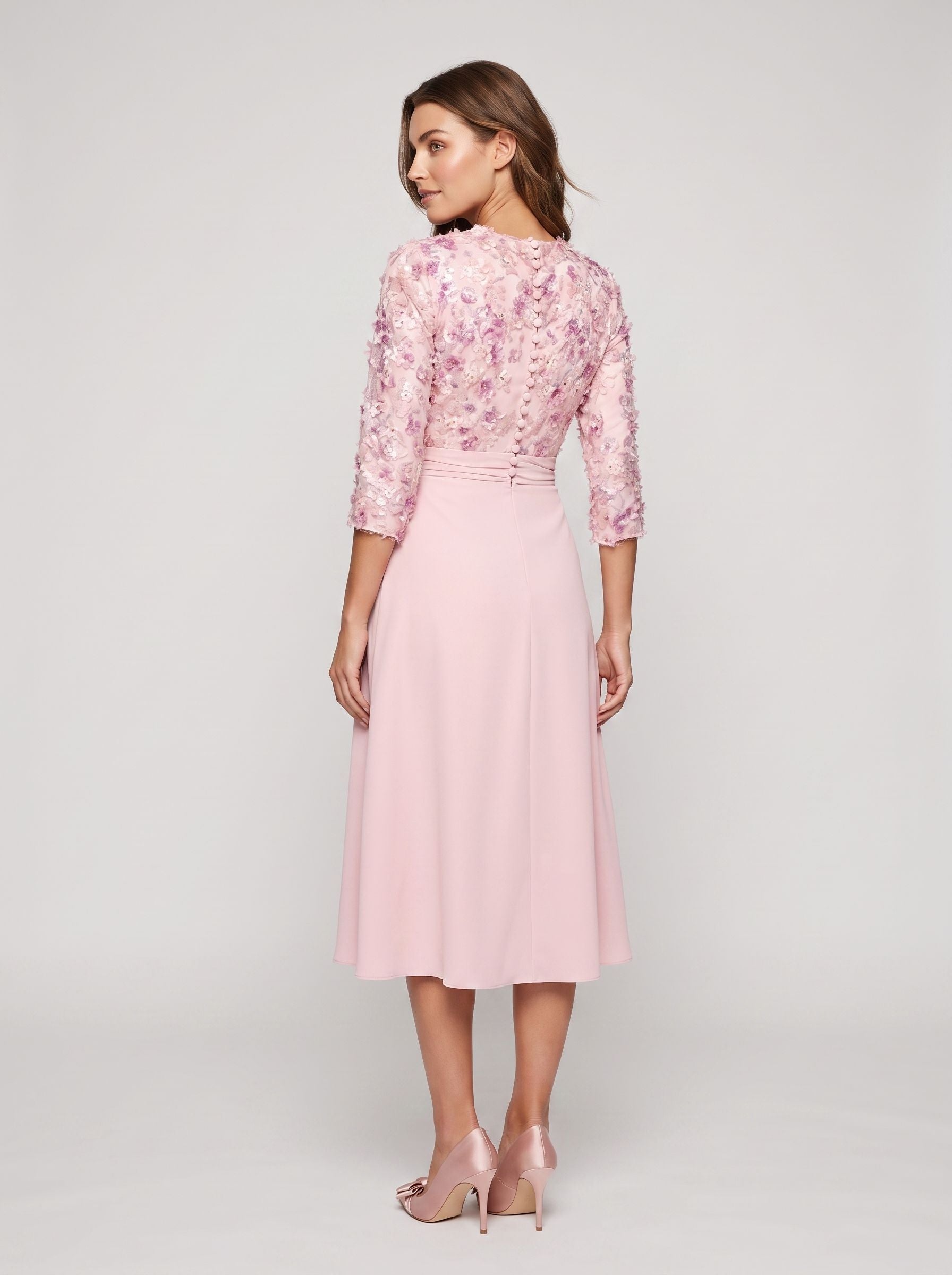 Petal Satin A-Line Scoop Neck Midi Dress with 3D Floral Appliques