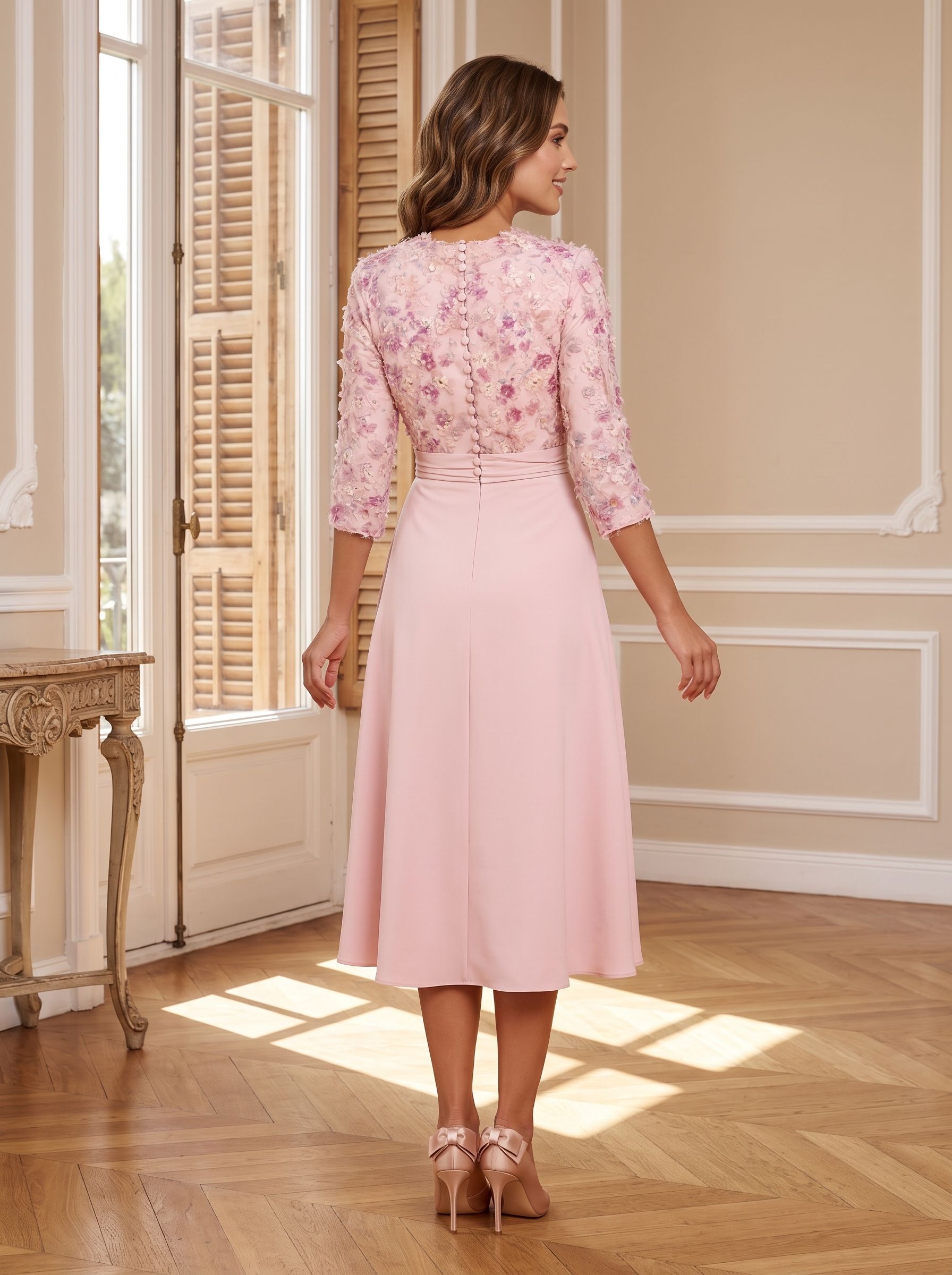 Petal Satin A-Line Scoop Neck Midi Dress with 3D Floral Appliques