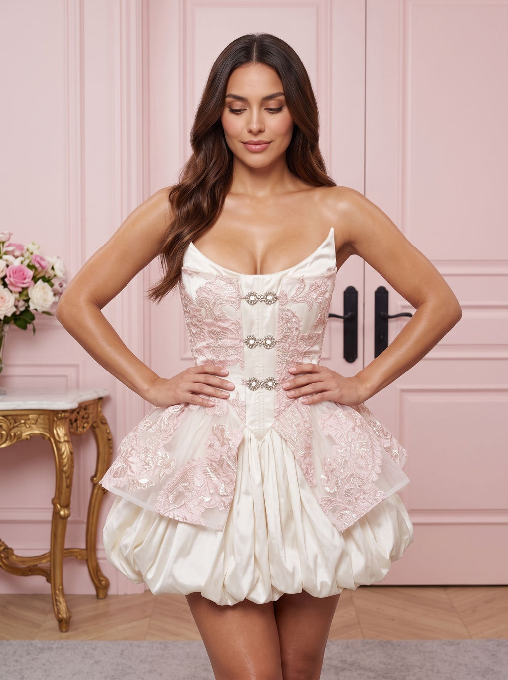 Pink Satin A-Line Scoop Neck Back Zip Short Dress with Embroidered Lace