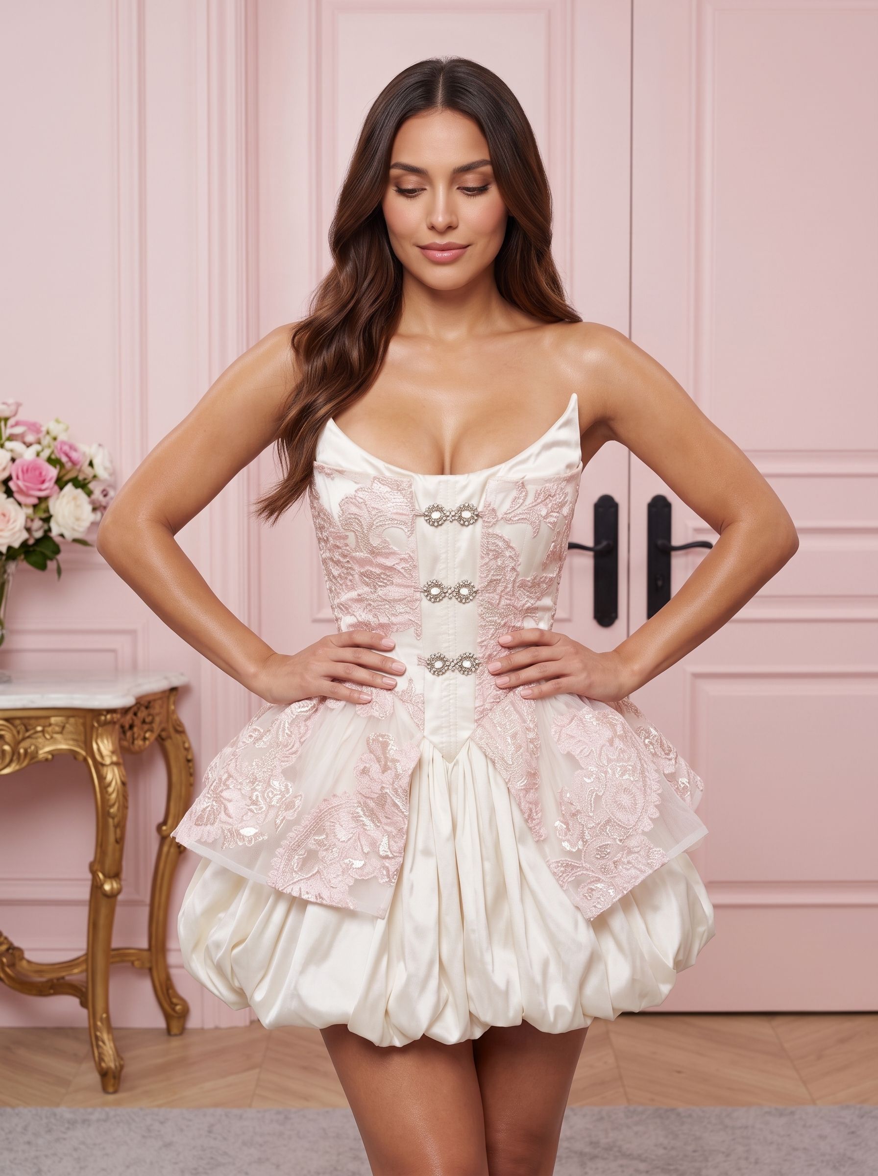 Pink Satin A-Line Scoop Neck Back Zip Short Dress with Embroidered Lace