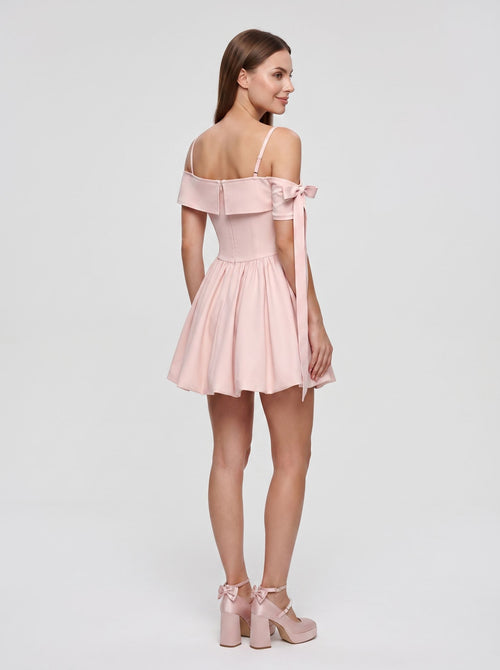 Blushing Pink Satin A-Line One Shoulder Back Zip Short Dress with Pleating