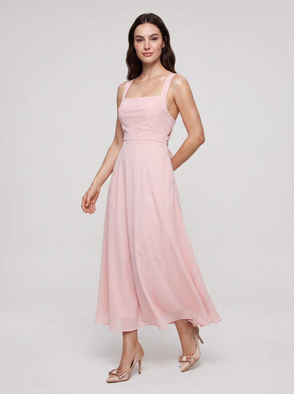 Blushing Pink Satin A-Line Square Neck  Lace-up Short Dress with Pockets