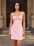 Petal Matte Satin A-Line Square Neck Back Zip Short Dress with Ruched Bodice