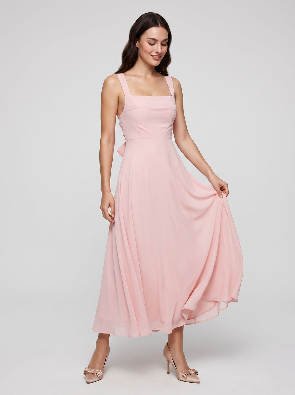 Blushing Pink Satin A-Line Square Neck  Lace-up Short Dress with Pockets